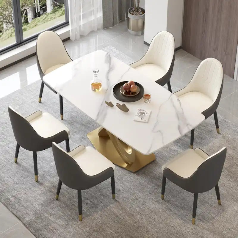 Table de salle à manger de 180 cm, Table de salle à manger moderne pour 8 personnes, en pierre frittée blanc antique avec pied piédestal en acier inoxydable doré