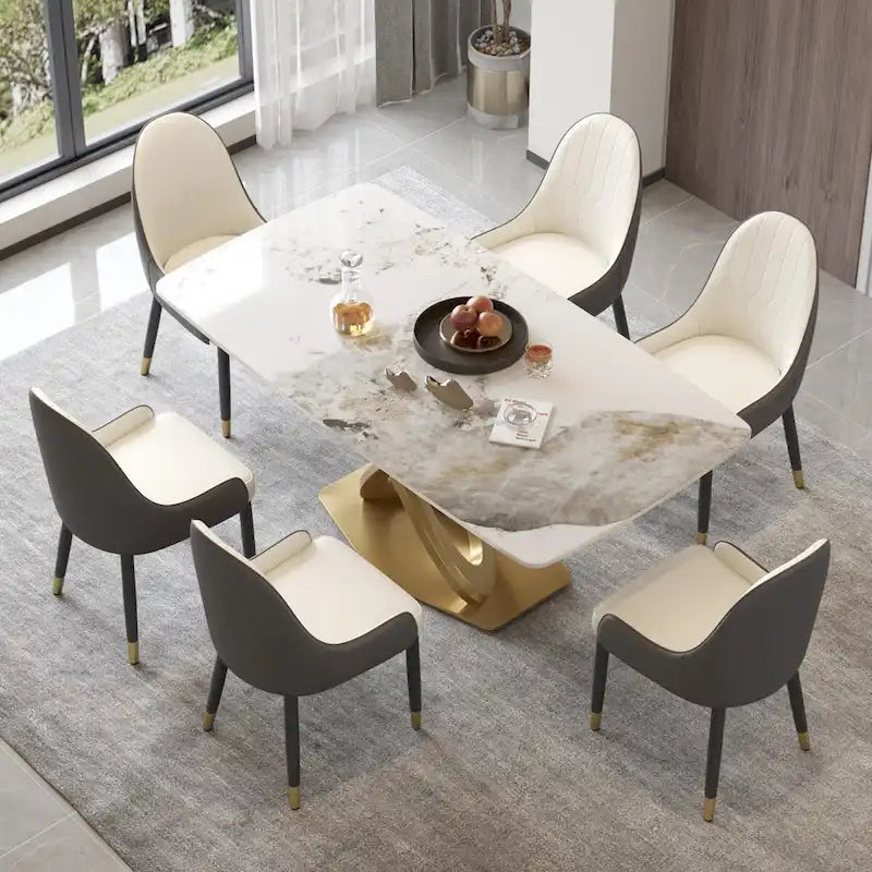 Table de salle à manger de 180 cm, Table de salle à manger moderne pour 8 personnes, en pierre frittée blanc antique avec pied piédestal en acier inoxydable doré