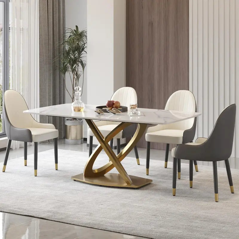 Table de salle à manger de 180 cm, Table de salle à manger moderne pour 8 personnes, en pierre frittée blanc antique avec pied piédestal en acier inoxydable doré
