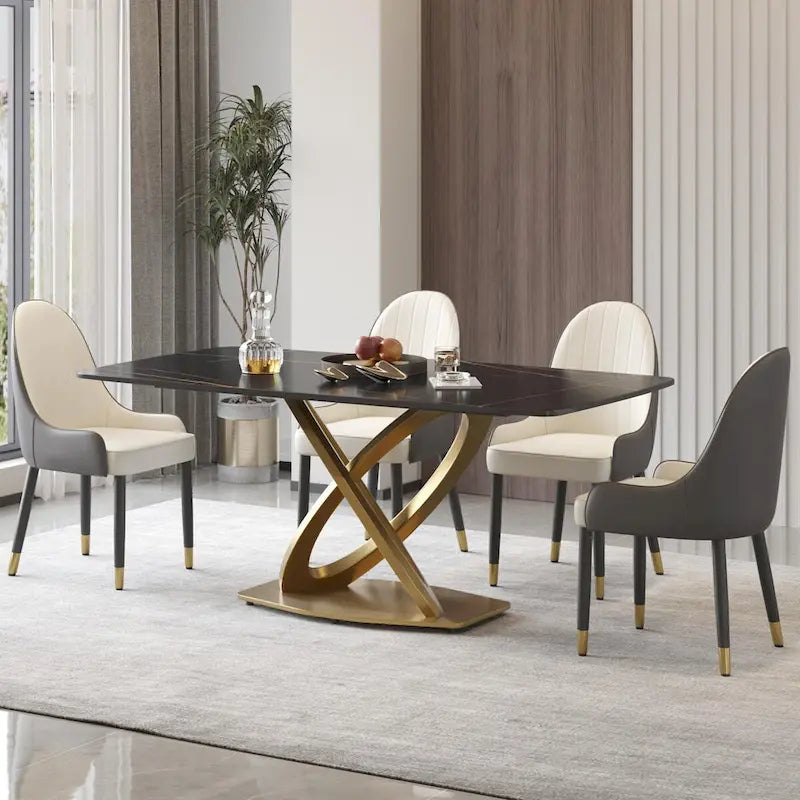 Table de salle à manger de 180 cm, Table de salle à manger moderne pour 8 personnes, en pierre frittée blanc antique avec pied piédestal en acier inoxydable doré