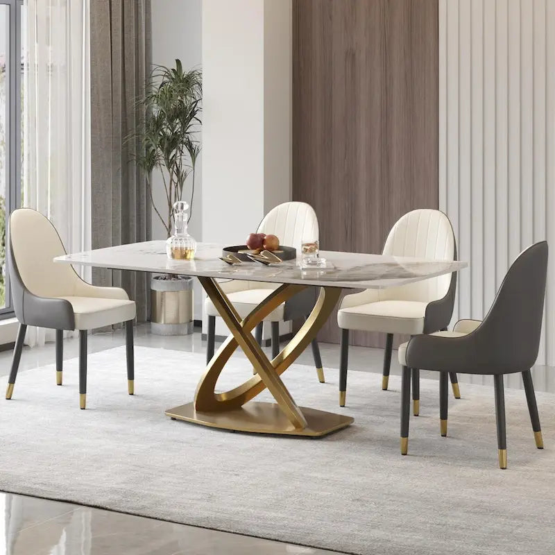 Table de salle à manger de 180 cm, Table de salle à manger moderne pour 8 personnes, en pierre frittée blanc antique avec pied piédestal en acier inoxydable doré