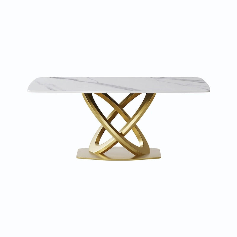 Table de salle à manger de 180 cm, Table de salle à manger moderne pour 8 personnes, en pierre frittée blanc antique avec pied piédestal en acier inoxydable doré