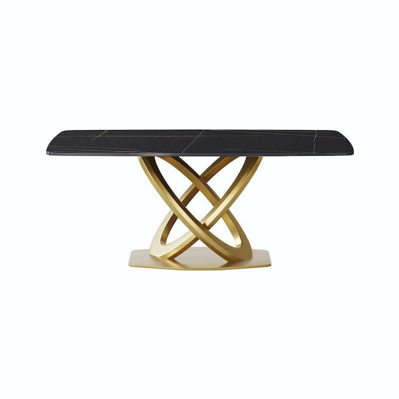 Table de salle à manger de 180 cm, Table de salle à manger moderne pour 8 personnes, en pierre frittée blanc antique avec pied piédestal en acier inoxydable doré