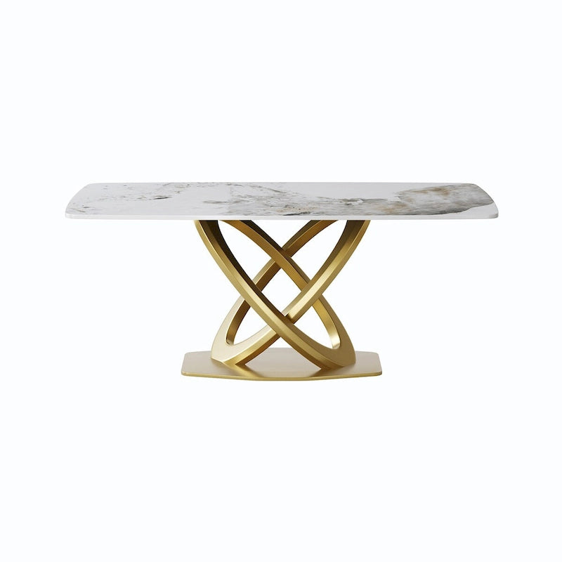 Table de salle à manger de 180 cm, Table de salle à manger moderne pour 8 personnes, en pierre frittée blanc antique avec pied piédestal en acier inoxydable doré