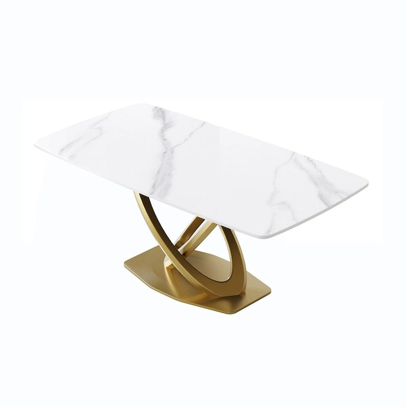 Table de salle à manger de 180 cm, Table de salle à manger moderne pour 8 personnes, en pierre frittée blanc antique avec pied piédestal en acier inoxydable doré