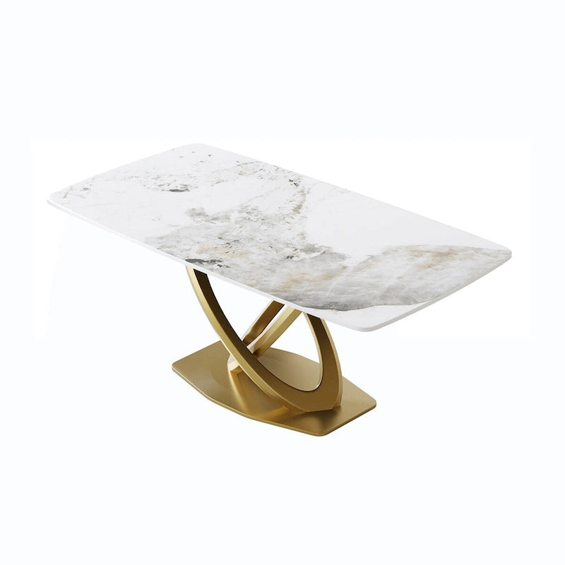 Table de salle à manger de 180 cm, Table de salle à manger moderne pour 8 personnes, en pierre frittée blanc antique avec pied piédestal en acier inoxydable doré