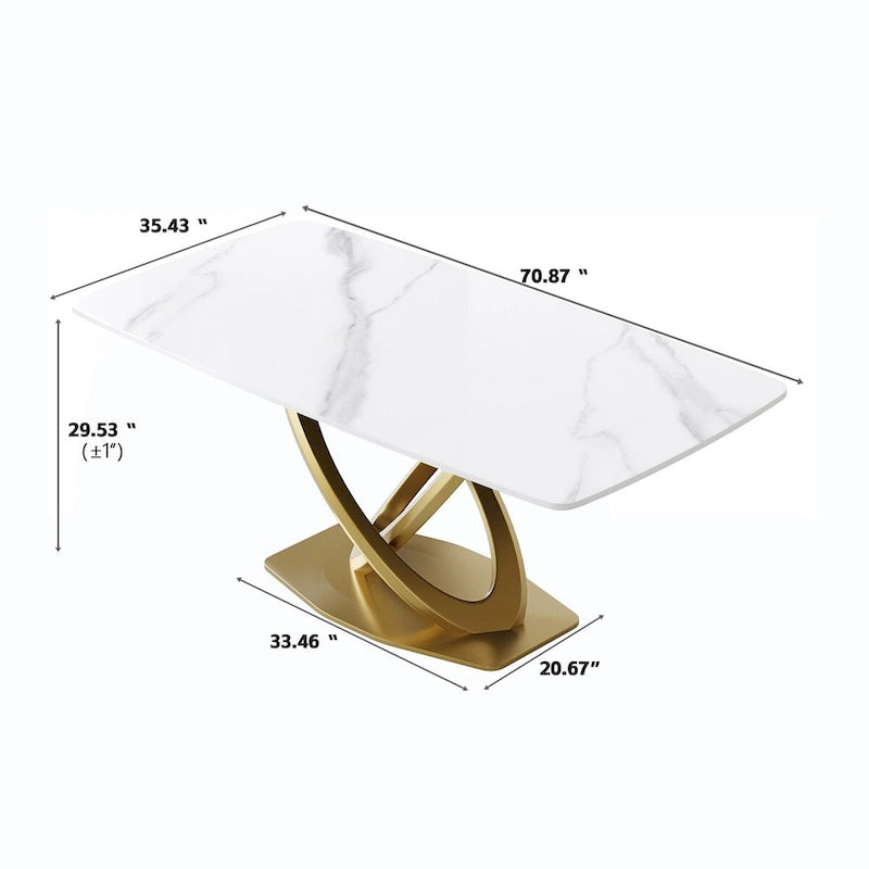 Table de salle à manger de 180 cm, Table de salle à manger moderne pour 8 personnes, en pierre frittée blanc antique avec pied piédestal en acier inoxydable doré