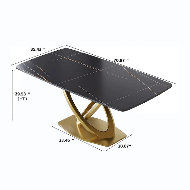 Table de salle à manger de 180 cm, Table de salle à manger moderne pour 8 personnes, en pierre frittée blanc antique avec pied piédestal en acier inoxydable doré