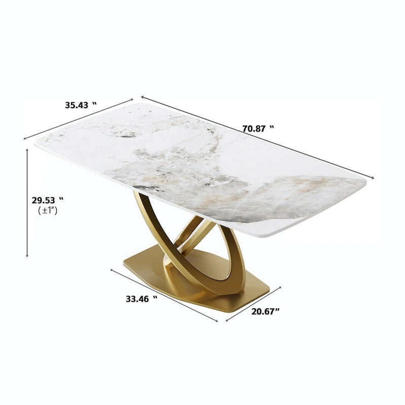 Table de salle à manger de 180 cm, Table de salle à manger moderne pour 8 personnes, en pierre frittée blanc antique avec pied piédestal en acier inoxydable doré