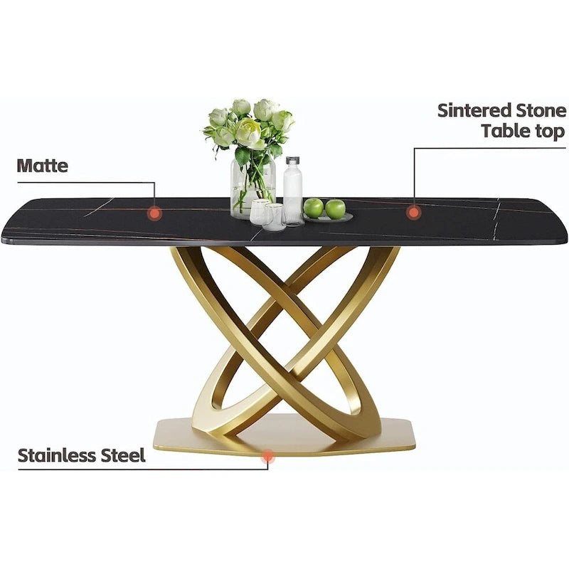 Table de salle à manger de 180 cm, Table de salle à manger moderne pour 8 personnes, en pierre frittée blanc antique avec pied piédestal en acier inoxydable doré