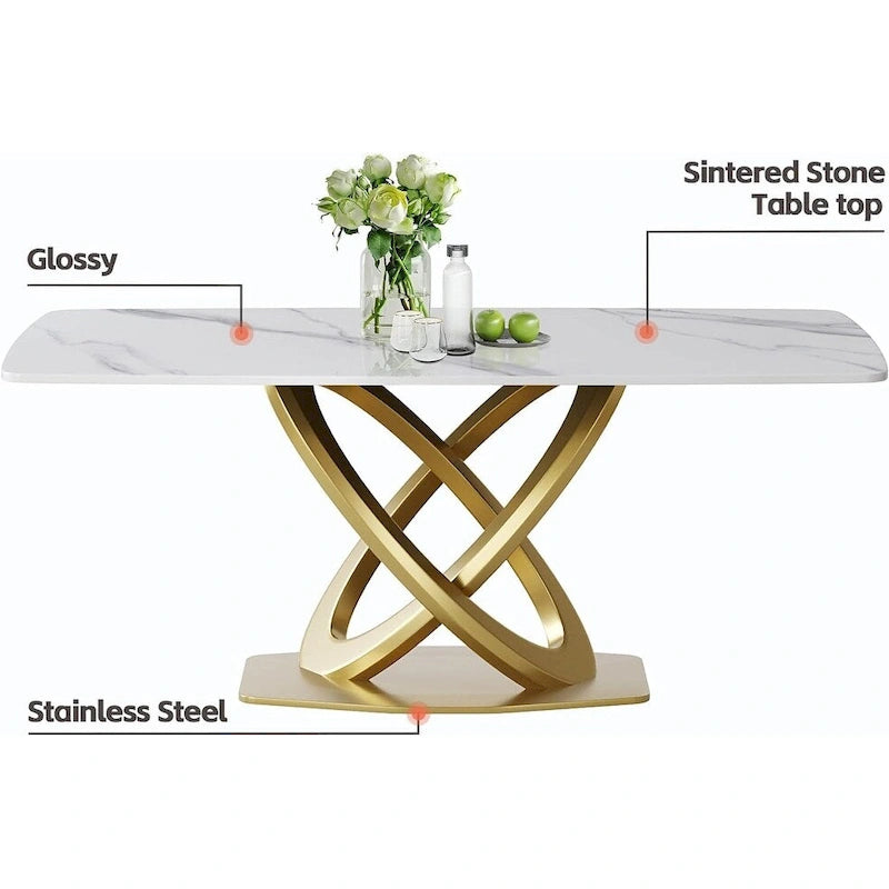 Table de salle à manger de 180 cm, Table de salle à manger moderne pour 8 personnes, en pierre frittée blanc antique avec pied piédestal en acier inoxydable doré
