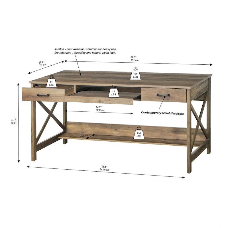 Bureau d'écriture moderne de style fermier de 59,5 po avec deux tiroirs