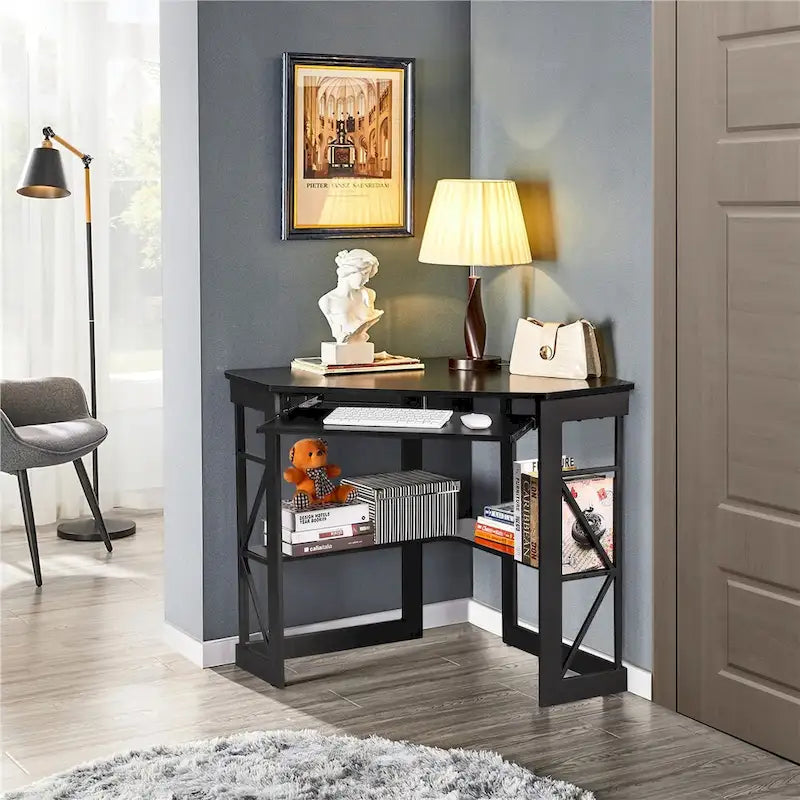 Bureau d'angle avec plateau coulissant pour clavier - Table d'étude, d'écriture ou d'ordinateur