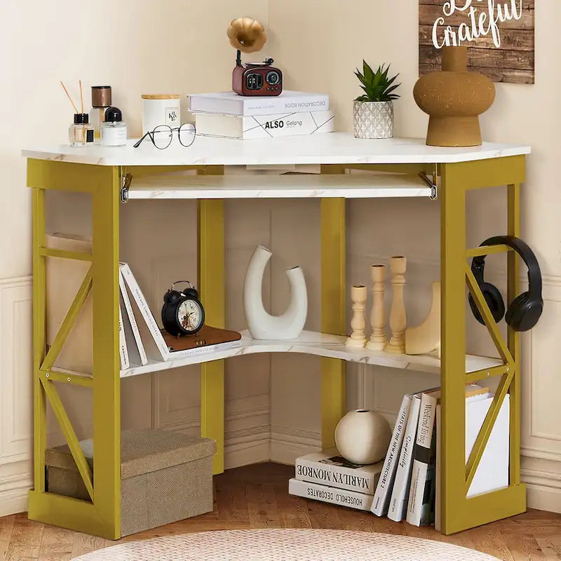 Bureau d'angle avec plateau coulissant pour clavier - Table d'étude, d'écriture ou d'ordinateur