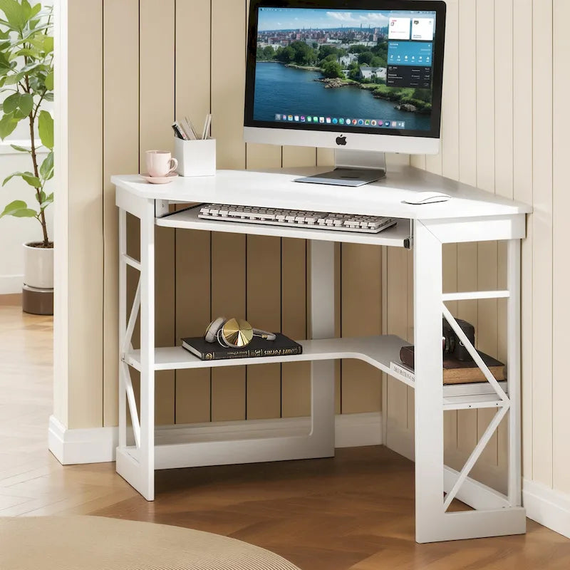 Bureau d'angle avec plateau coulissant pour clavier - Table d'étude, d'écriture ou d'ordinateur