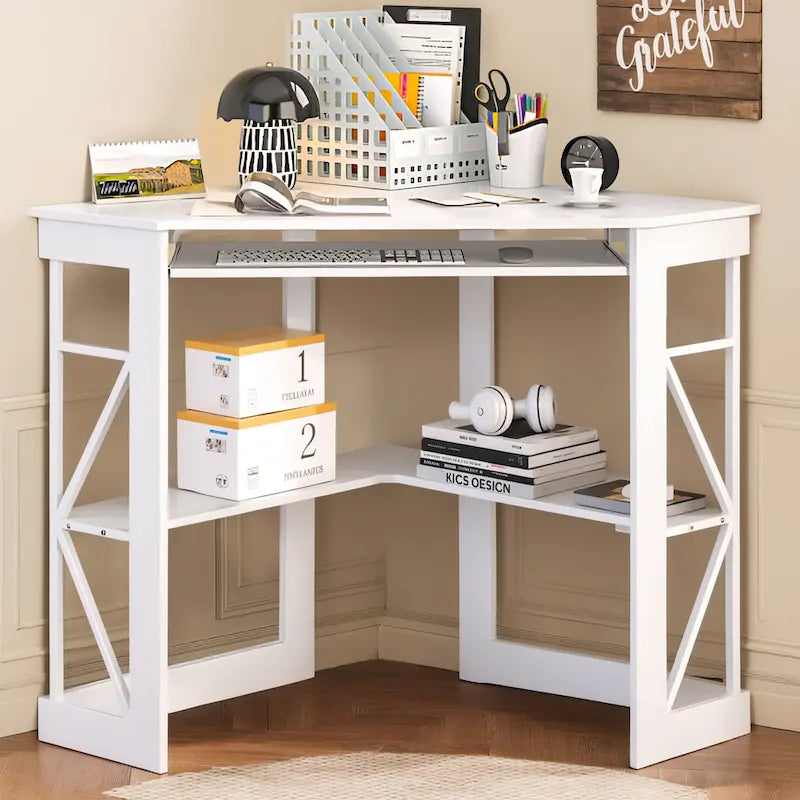 Bureau d'angle avec plateau coulissant pour clavier - Table d'étude, d'écriture ou d'ordinateur
