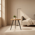 Piyo 22 Inch Round End Table, Raised Edge Wood Top, Tripod Black Iron Legs