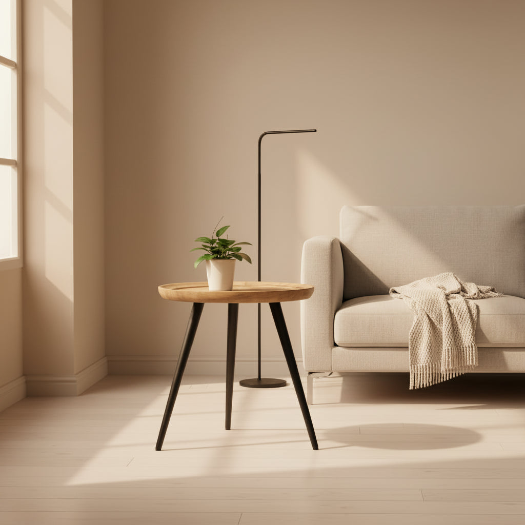 Piyo 22 Inch Round End Table, Raised Edge Wood Top, Tripod Black Iron Legs