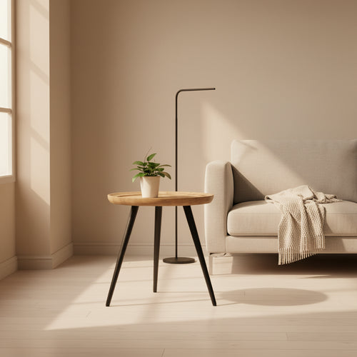 Piyo 22 Inch Round End Table, Raised Edge Wood Top, Tripod Black Iron Legs