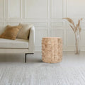 20 Inch Side End Table, Round Drum Shape with 3D Textured Design, Distressed White Finish
