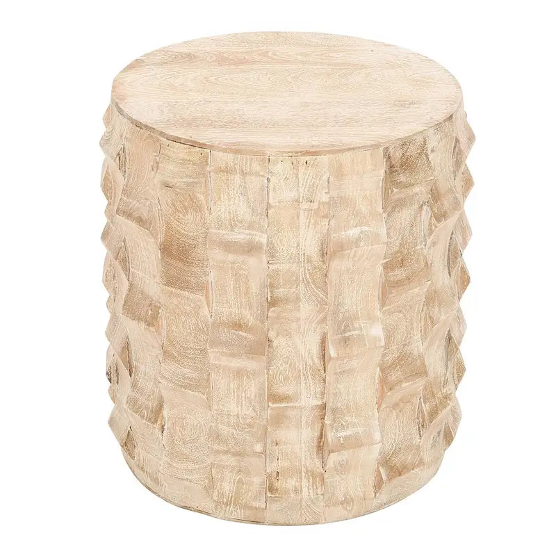 Table d'appoint de 50 cm de hauteur, forme tambour rond avec design texturé 3D, finition blanc vieilli