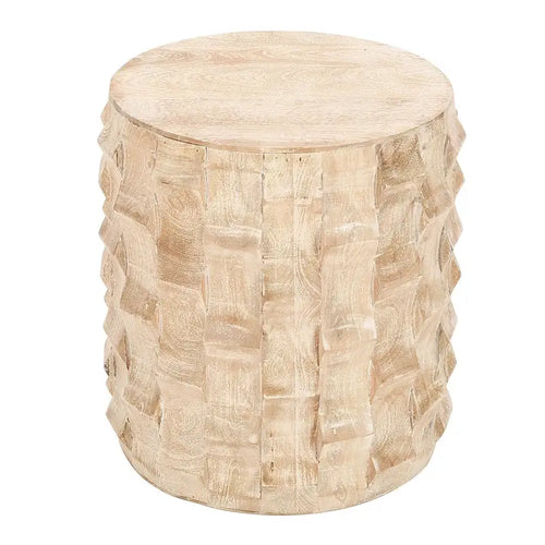 Table d'appoint de 50 cm de hauteur, forme tambour rond avec design texturé 3D, finition blanc vieilli