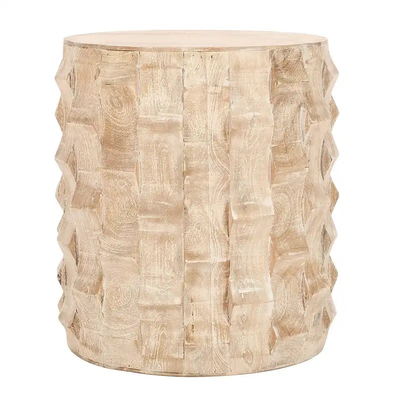 Table d'appoint de 50 cm de hauteur, forme tambour rond avec design texturé 3D, finition blanc vieilli