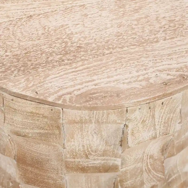 Table d'appoint de 50 cm de hauteur, forme tambour rond avec design texturé 3D, finition blanc vieilli