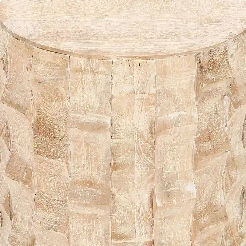 Table d'appoint de 50 cm de hauteur, forme tambour rond avec design texturé 3D, finition blanc vieilli