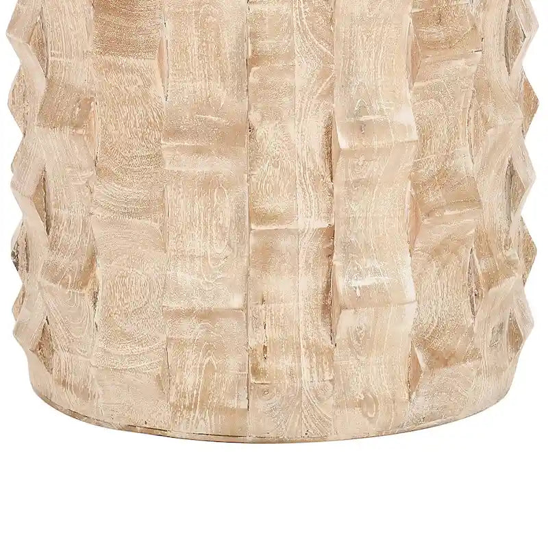 Table d'appoint de 50 cm de hauteur, forme tambour rond avec design texturé 3D, finition blanc vieilli