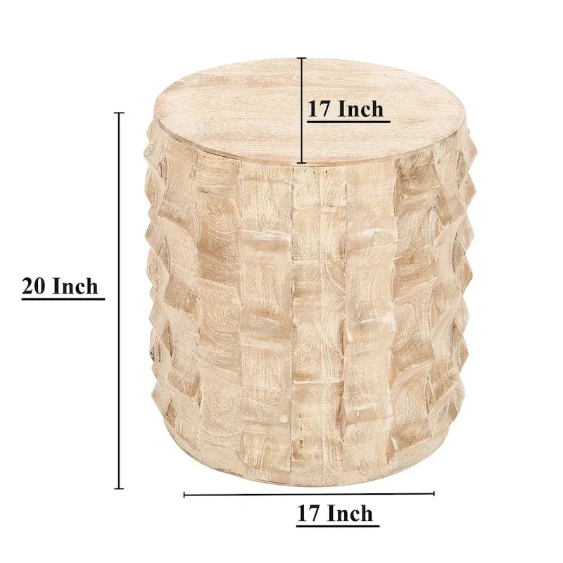 Table d'appoint de 50 cm de hauteur, forme tambour rond avec design texturé 3D, finition blanc vieilli