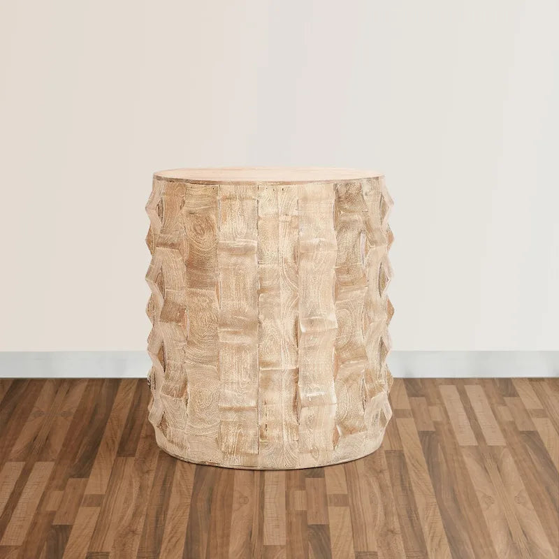 Table d'appoint de 50 cm de hauteur, forme tambour rond avec design texturé 3D, finition blanc vieilli