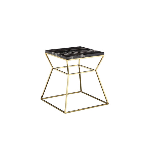 18 Inch Side End Table, Black Marble Top, Gold Open Hourglass Frame