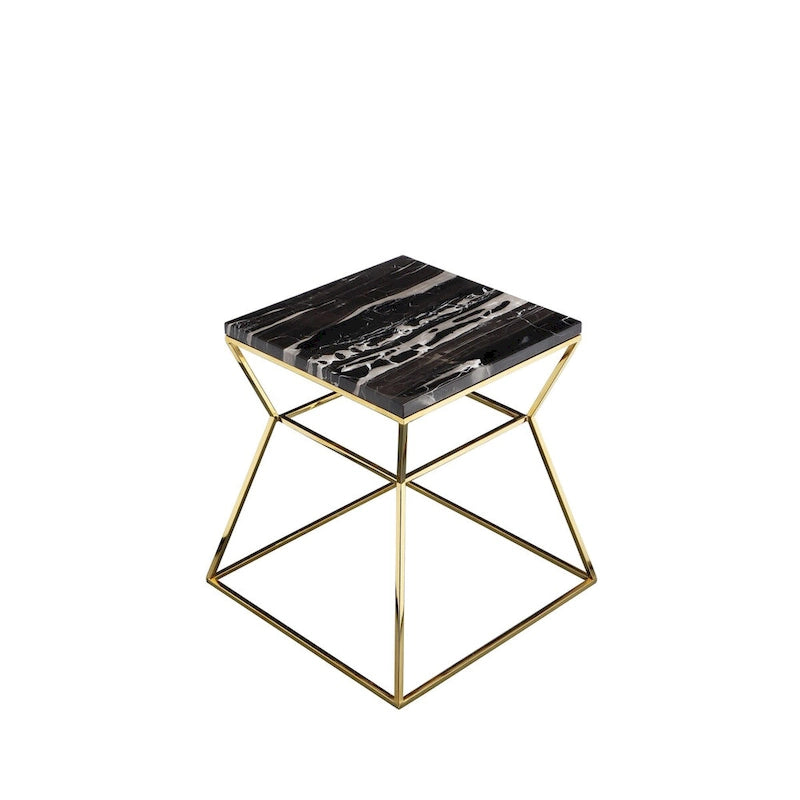 Table d'appoint de 45 cm, plateau en marbre noir, piètement doré en forme de sablier ouvert