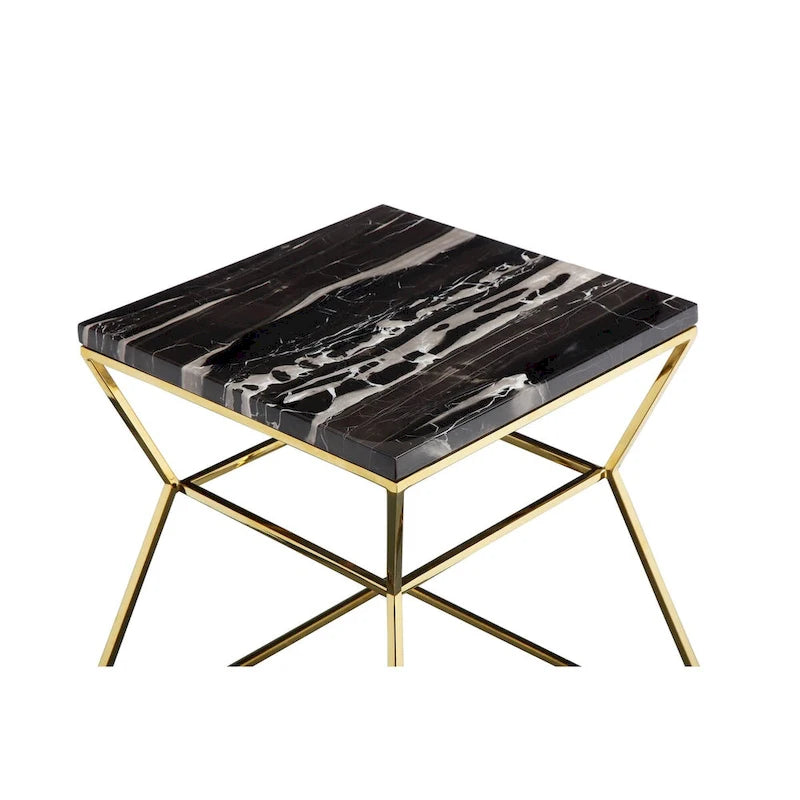 Table d'appoint de 45 cm, plateau en marbre noir, piètement doré en forme de sablier ouvert