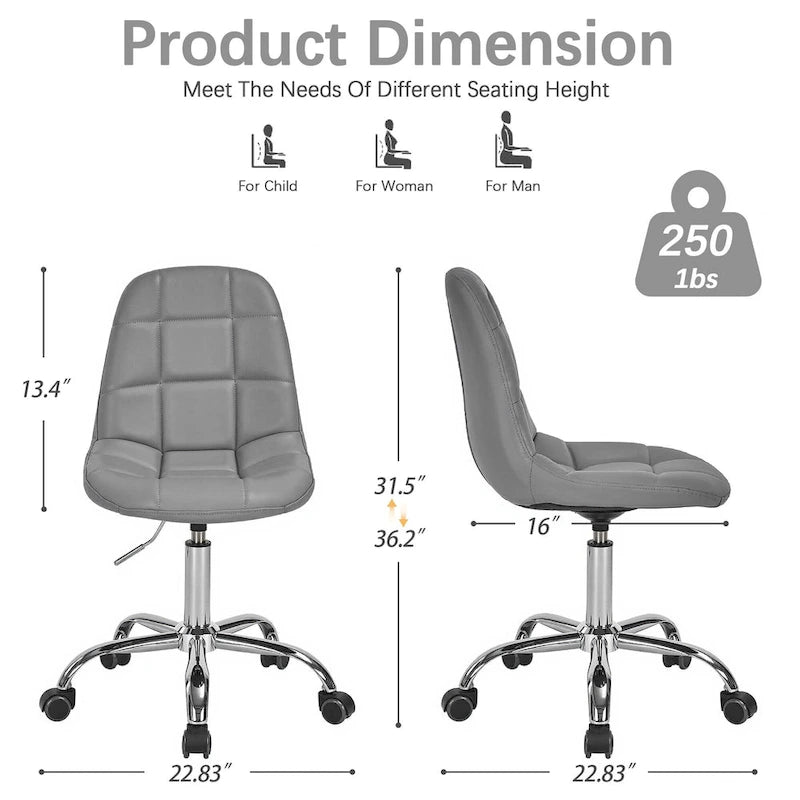 Chaise de bureau à domicile sans accoudoirs, chaise de bureau d'ordinateur réglable en hauteur avec roulettes