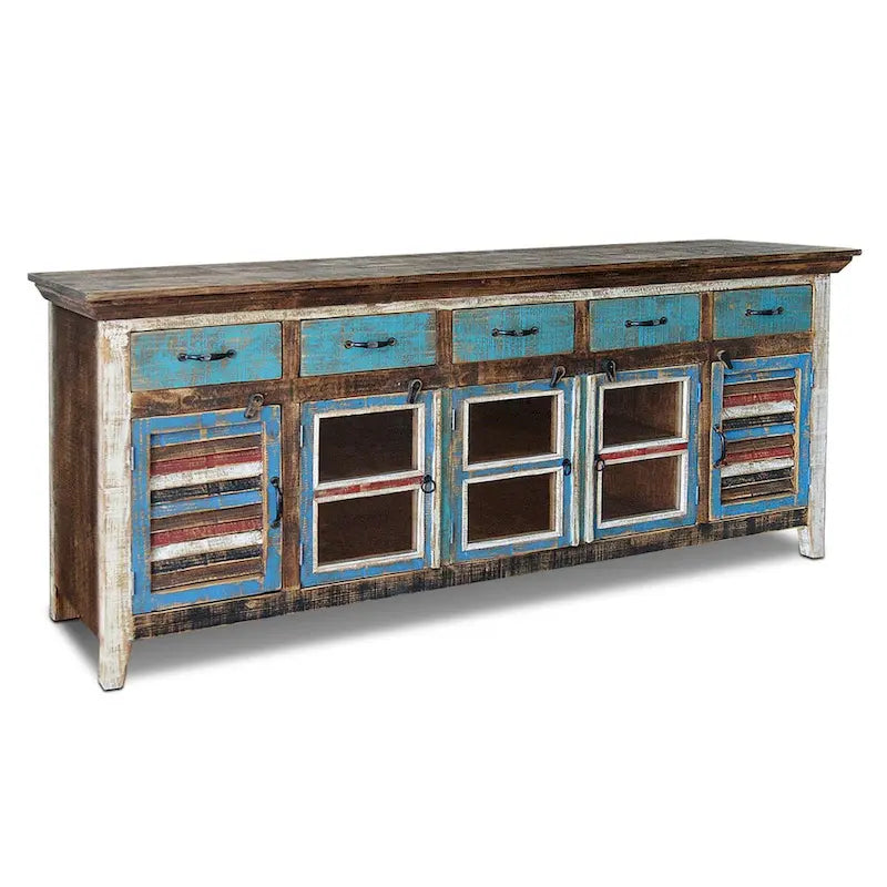 Buffet 208 cm en pin massif avec volets – Finition vieillie